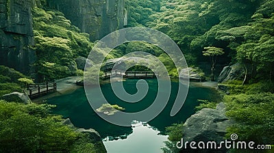 Peaceful Serenity, Green Zen Garden with Pond and Mountain Surroundings, Generative AI Stock Photo