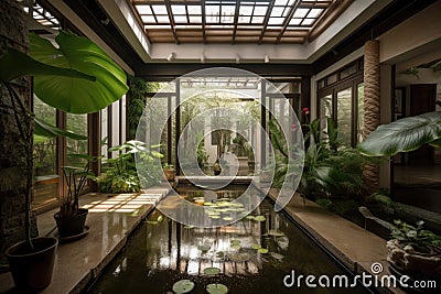 peaceful serenity of indoor garden, with water features and natural light Stock Photo