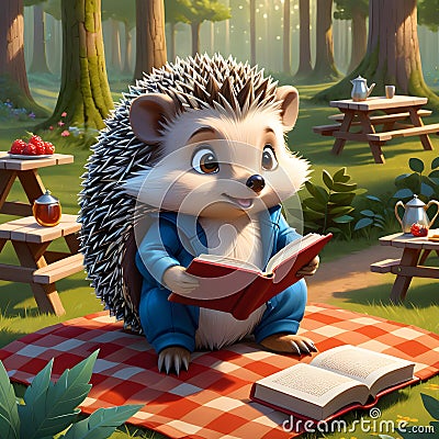 In the peaceful setting of a forested picnic area, an adorable cartoon hedgehog is engrossed in a book. Stock Photo