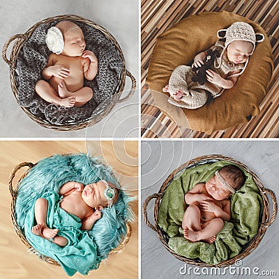 Peaceful sleep of a newborn baby,a collage of four pictures Stock Photo