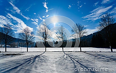 Peaceful snowy landscape in Tragos, Oberort in Austria Styria. Tourist destination lake Gruner See in winter. Stock Photo