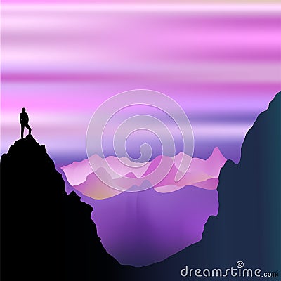 Peaceful Solitude on Misty Purple Mountains Vector Illustration