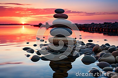Peaceful spa retreat, balanced stones, vibrant summer sky, serene beach sunset Stock Photo
