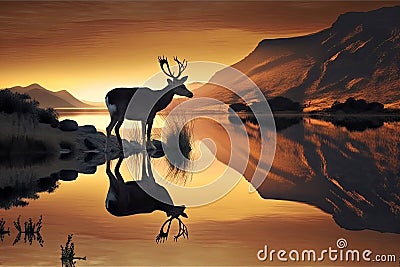 peaceful sunrise, with deer and its reflection in tranquil lake Stock Photo