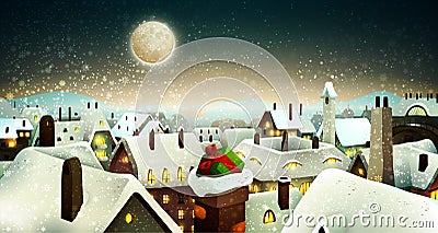 Peaceful Town Under Moonlight At Christmas Eve Vector Illustration
