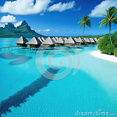 peaceful and tranquil lagoon in BorFrench with waters and overwater bungalows Cartoon Illustration