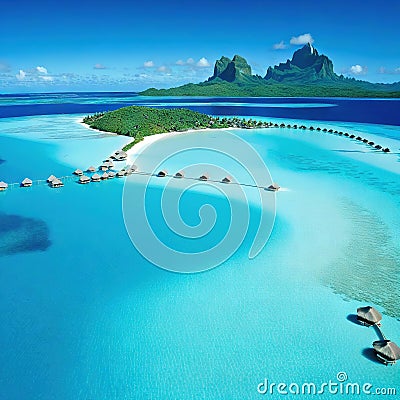 peaceful and tranquil lagoon in BorFrench with waters and overwater bungalows Cartoon Illustration