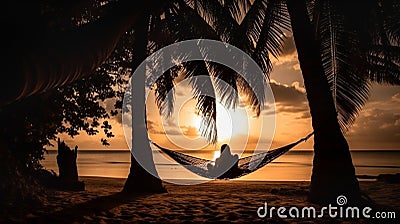 Peaceful Tropical Sunset Scene with Woman Relaxing in a Hammock - Generative AI Stock Photo