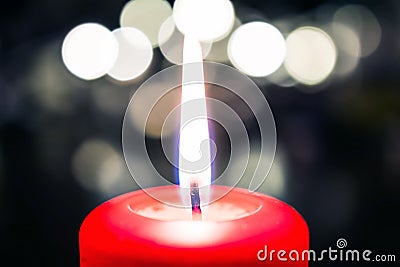 Peaceful Valentine Candle Light For Dinner On A Wooden Table With Bokeh At Night Stock Photo