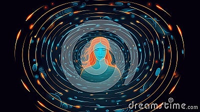 Peaceful woman with third eye employs intuition in decisions. Psychic girl considers mind and heart. Spirituality, esotericism. Cartoon Illustration