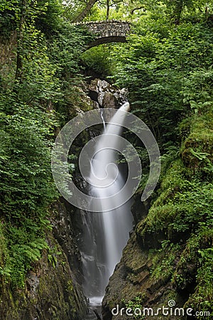 Peaceful woodland flowing waterfall in the Lake District. Stock Photo