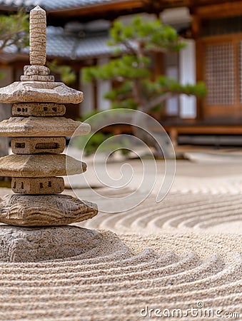 Peaceful zen garden with stone pagoda Stock Photo