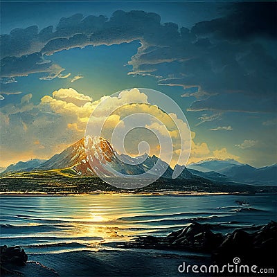 Peacefull sea landscape island with mountains, ocean cloudy sunset on island illustration backdrop Vector Illustration