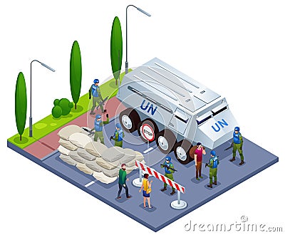 Peacekeepers Blue Helmets checks documents of citizens in roadblock Illustration isometric icons on isolated background Vector Illustration