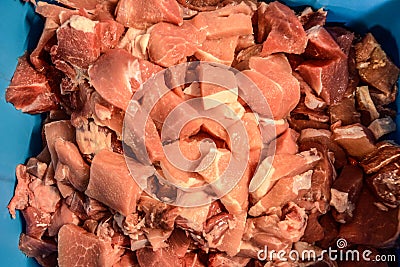 Peaces parts of chopped pork meat for homemade sausages Stock Photo