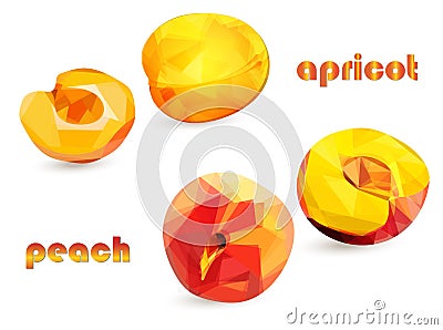 Peach and apricot fruits with halves in low poly style on a white background, isolated objects Stock Photo