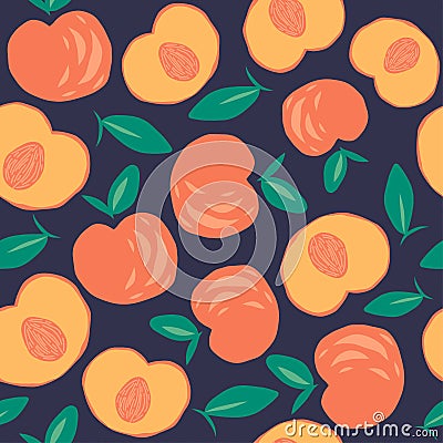 Peach or apricot seamless pattern. Hand drawn fruit and sliced pieces. Summer tropical endless background Stock Photo