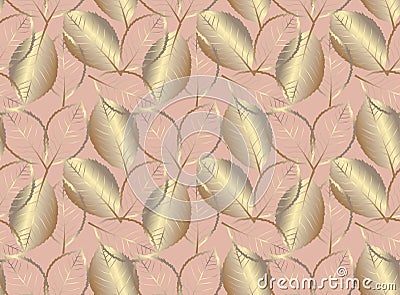 peach background golden leaves contours seamless pattern Stock Photo