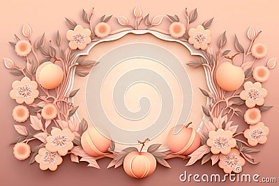 Peach blossom flowers and fruits, decorative background with copy space illustrated vintage style. Generative AI Stock Photo