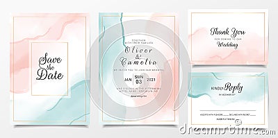 Peach and blue watercolor wedding invitation card template set with gold line decoration. Abstract background save the date, Vector Illustration