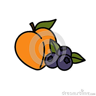 Peach and blueberry doodle icon, vector color line illustration Vector Illustration