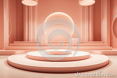 Peach color podium with lighting, stand to show products background. Minimal abstract stage with circle platform in studio. Stock Photo