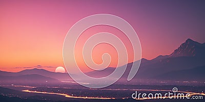 Peach colored sunrise over the mountains. Beautiful landscape. Panoramic view, romantic background Stock Photo