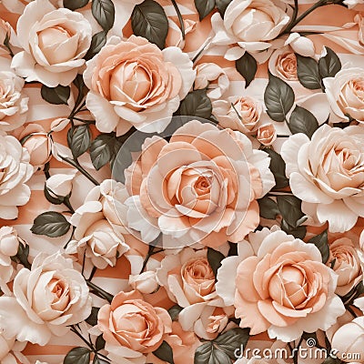 Peach Colored Wedding Roses Seamless Pattern Colorful Digital Background Floral Design - ai generated Stock Photo