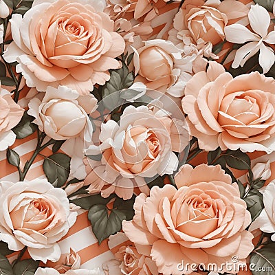 Peach Colored Wedding Roses Seamless Pattern Colorful Digital Background Floral Design - ai generated Stock Photo