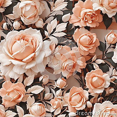 Peach Colored Wedding Roses Seamless Pattern Colorful Digital Background Floral Design - ai generated Stock Photo