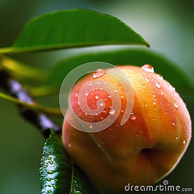 peach fruits tree and bee and butterfly take nectar on fruits tree and berries, dew drops on branch in gardens Stock Photo