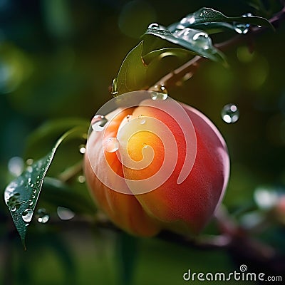 peach fruits tree and bee and butterfly take nectar on fruits tree and berries, dew drops on branch in gardens Stock Photo