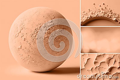 Peach fuzz is color of year 2024. Textures of cosmetics products surface in collage toned in fashion blended pink-orange Stock Photo