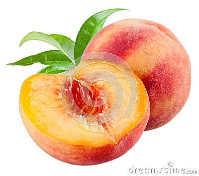 Peach and a half with leaves isolated on white Stock Photo