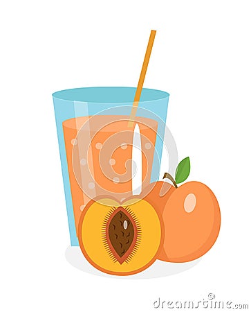 Peach juice in a glass. Fresh isolated on white background. fruit and icon. Vector Illustration