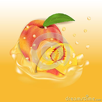 Peach juice splash. Fresh fruit 3d realistic vector illustration. Package design or poster Vector Illustration