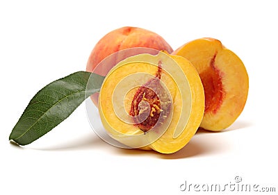 Peach with leaves and half piece Stock Photo