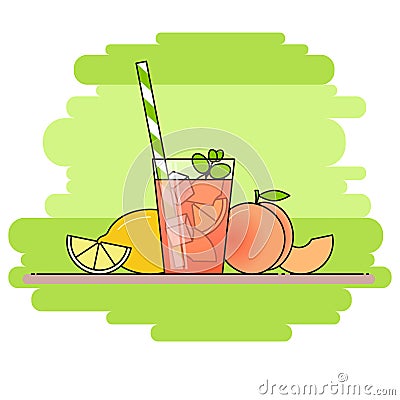 Peach lemonade with fruit slices, ice and meant in glass with straw, cut lemon and peach on green background. Vector Illustration