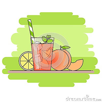 Peach lemonade with fruit slices, ice and meant in glass with straw, cut lemon and peach on green background. Vector Illustration