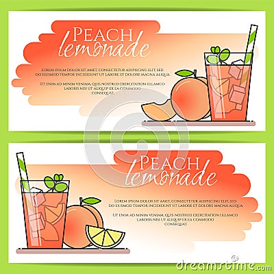 Peach lemonade with fruit slices, ice and meant in glass with straw, cut lemon and peach. Set of horizontal banners. Vector Illustration