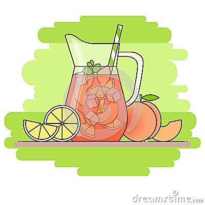 Peach lemonade with fruit slices, ice and meant in jug and glass with straw, cut lemon and peach. Isolated on green background. Vector Illustration