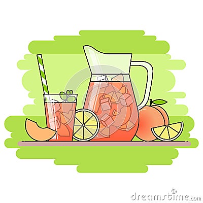 Peach lemonade with fruit slices, ice and meant in jug and glass with straw, cut lemon and peach. Isolated on green background. Mo Vector Illustration