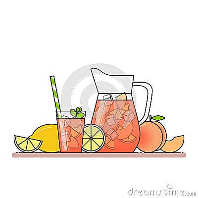 Peach lemonade with fruit slices, ice and meant in jug and glass with straw, cut lemon and peach. Vector Illustration