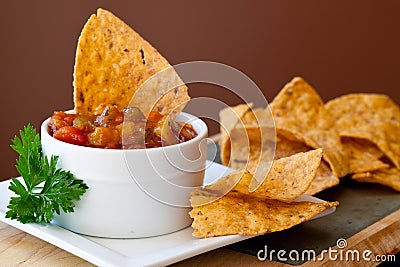 Peach Mango Salsa and chipotle Chips Stock Photo