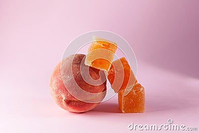 Peach marmalade and peach fruit. Delicious, juicy homemade sweets Stock Photo