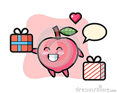 Peach mascot cartoon giving the gift Vector Illustration