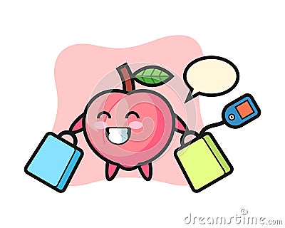 Peach mascot cartoon holding a shopping bag Vector Illustration