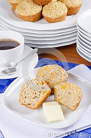 Peach Muffins with Butter and Coffee Stock Photo