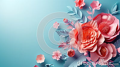 Peach Paper Flowers on Serene Blue Background Stock Photo