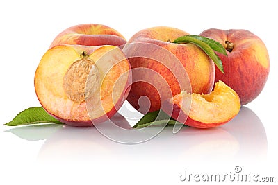 Peach peaches slice half fruit fruits isolated on white Stock Photo